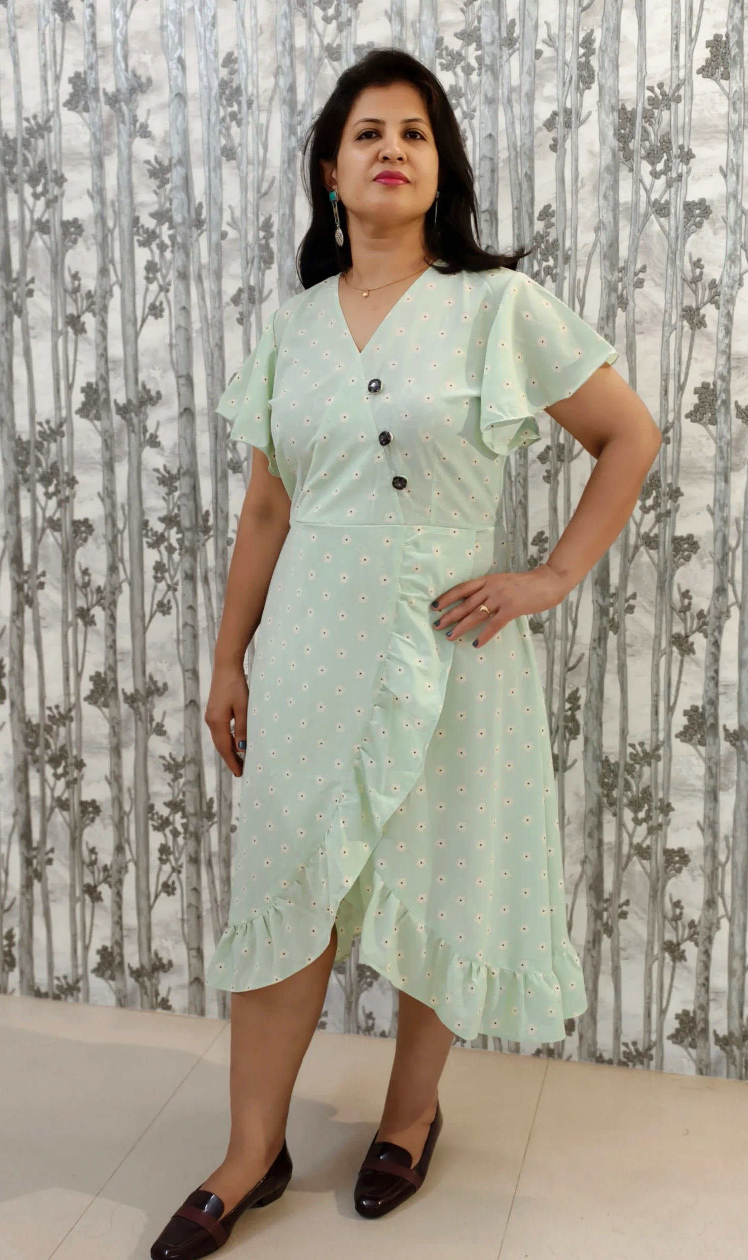 Pastel Green Cross Frilled Midi Dress