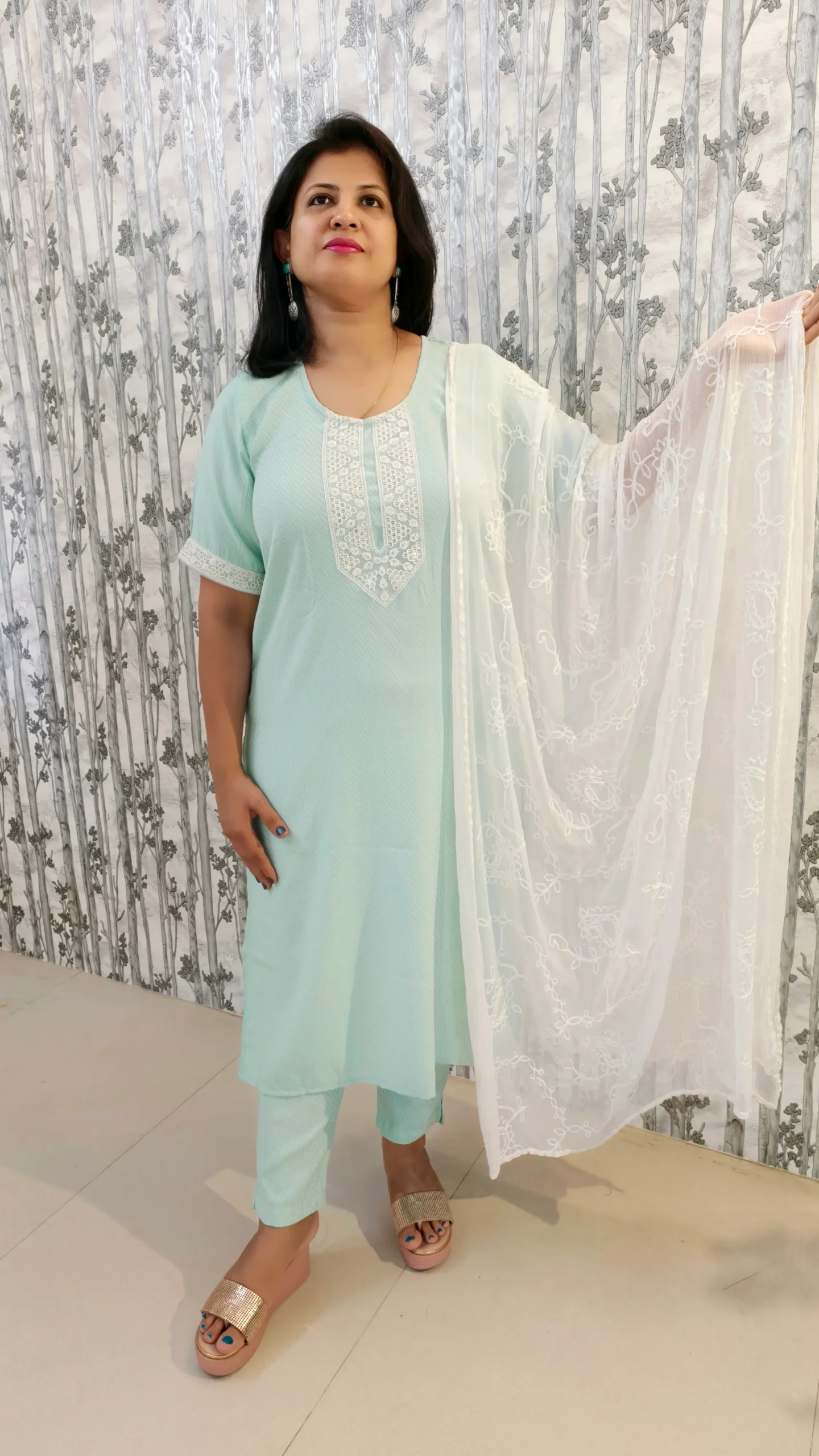 Pastel Green 3-Piece Kurti Set with Chiffon Dupatta – Nine2Five Plus