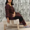 Black Rayon Kurti Pant Set with Border Print & Pom Pom Hem