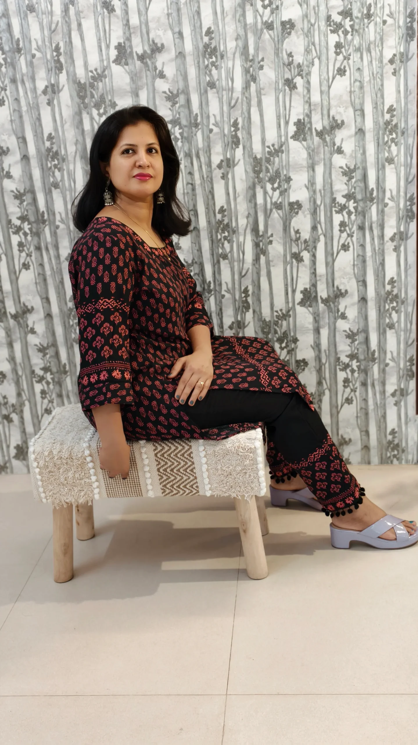 Black Rayon Kurti Pant Set with Border Print & Pom Pom Hem