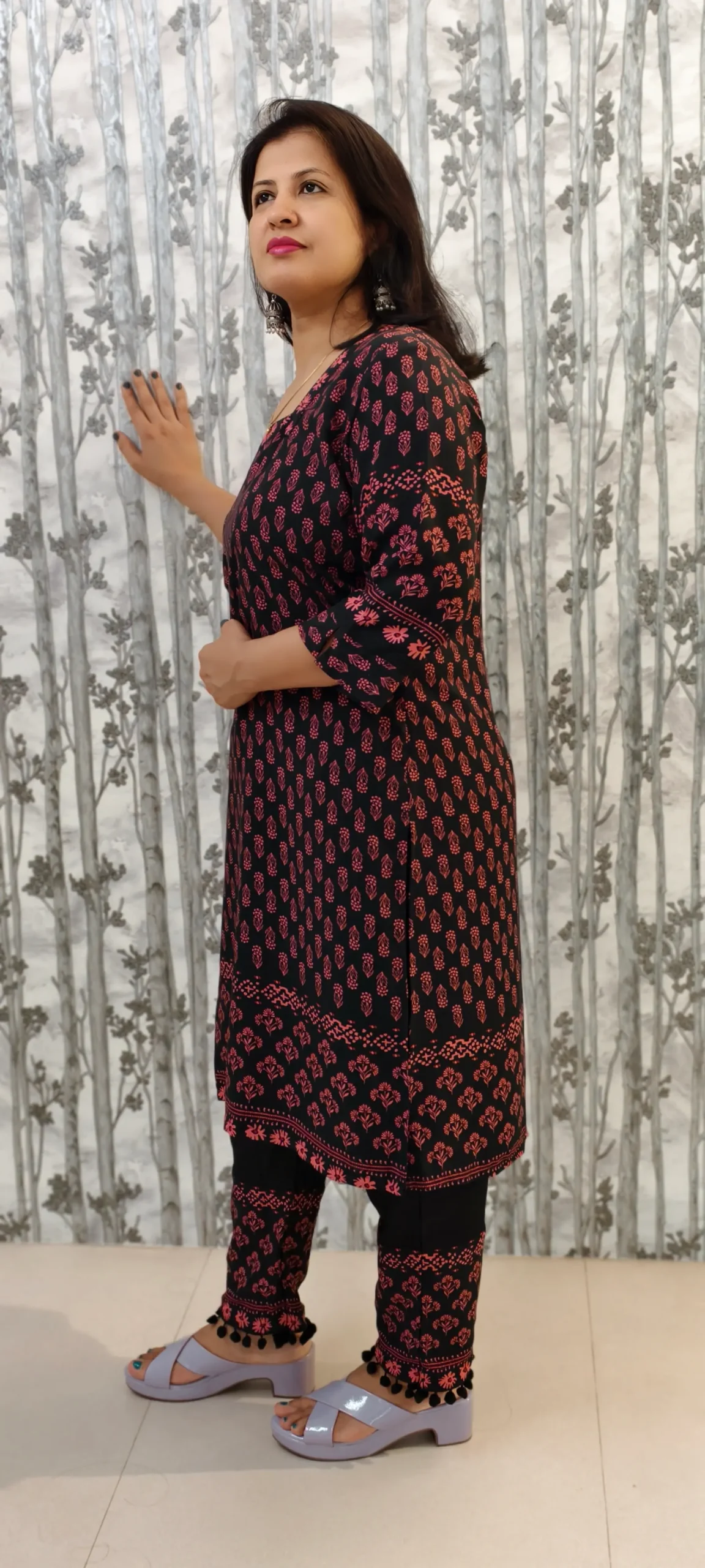 Black Rayon Kurti Pant Set with Border Print & Pom Pom Hem