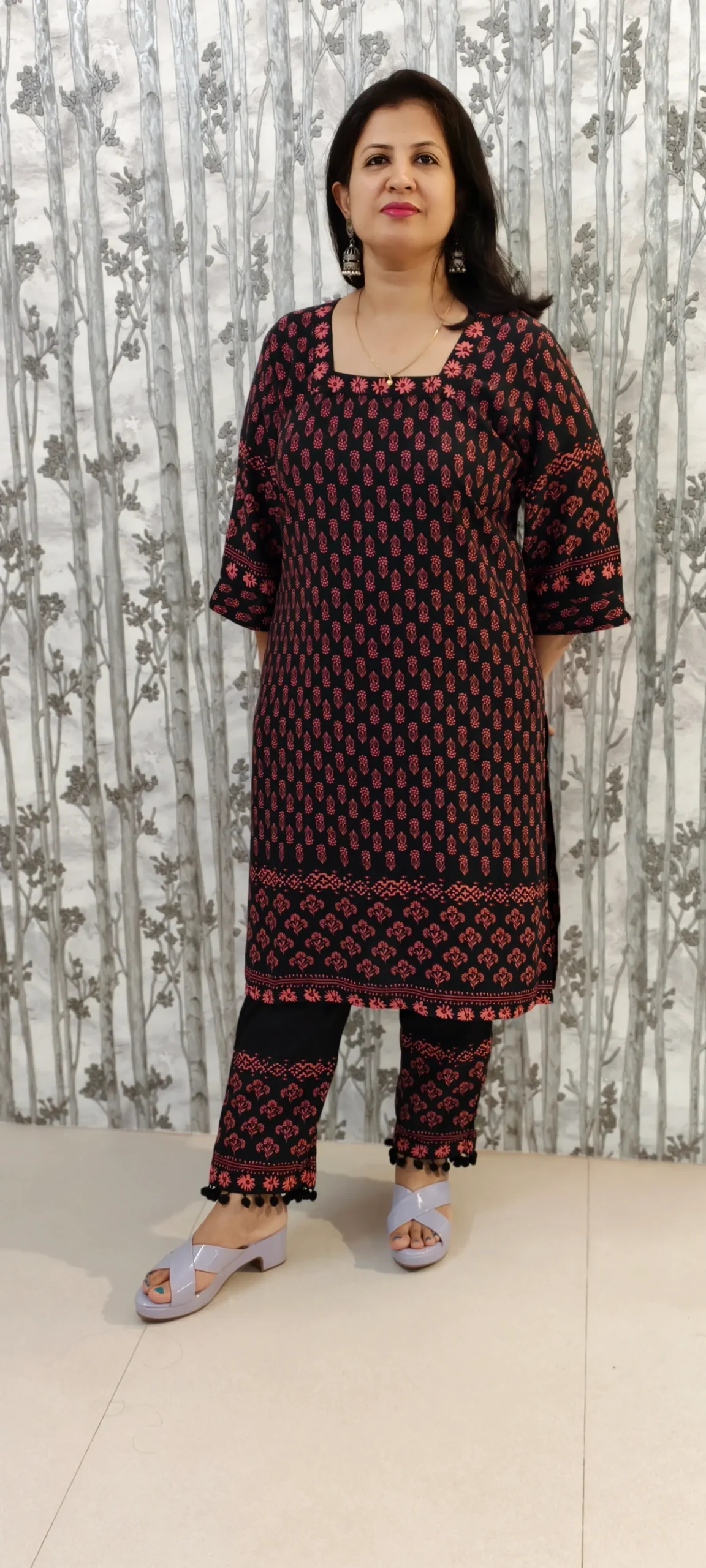 Black Rayon Kurti Pant Set with Border Print & Pom Pom Hem