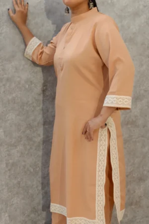 Peach Delta Kurti Pant Set with GPO Lace – Elegant Everyday Ethnic Wear