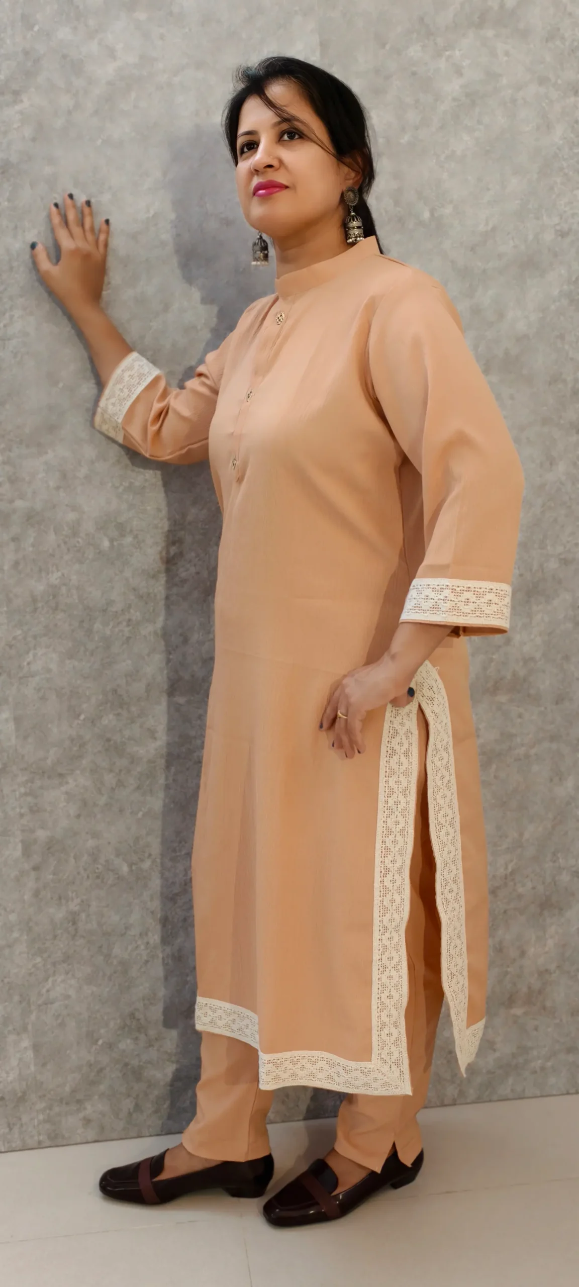 Peach Delta Kurti Pant Set with GPO Lace – Elegant Everyday Ethnic Wear