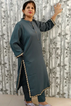 Grey Delta Kurti Pant Set with Lace Hemlines & Pocket