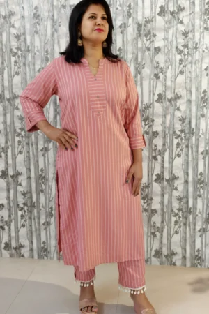 Blush Pink Tip Top Rayon Kurti Pant Set with Kaudi Hem & Metal Accents