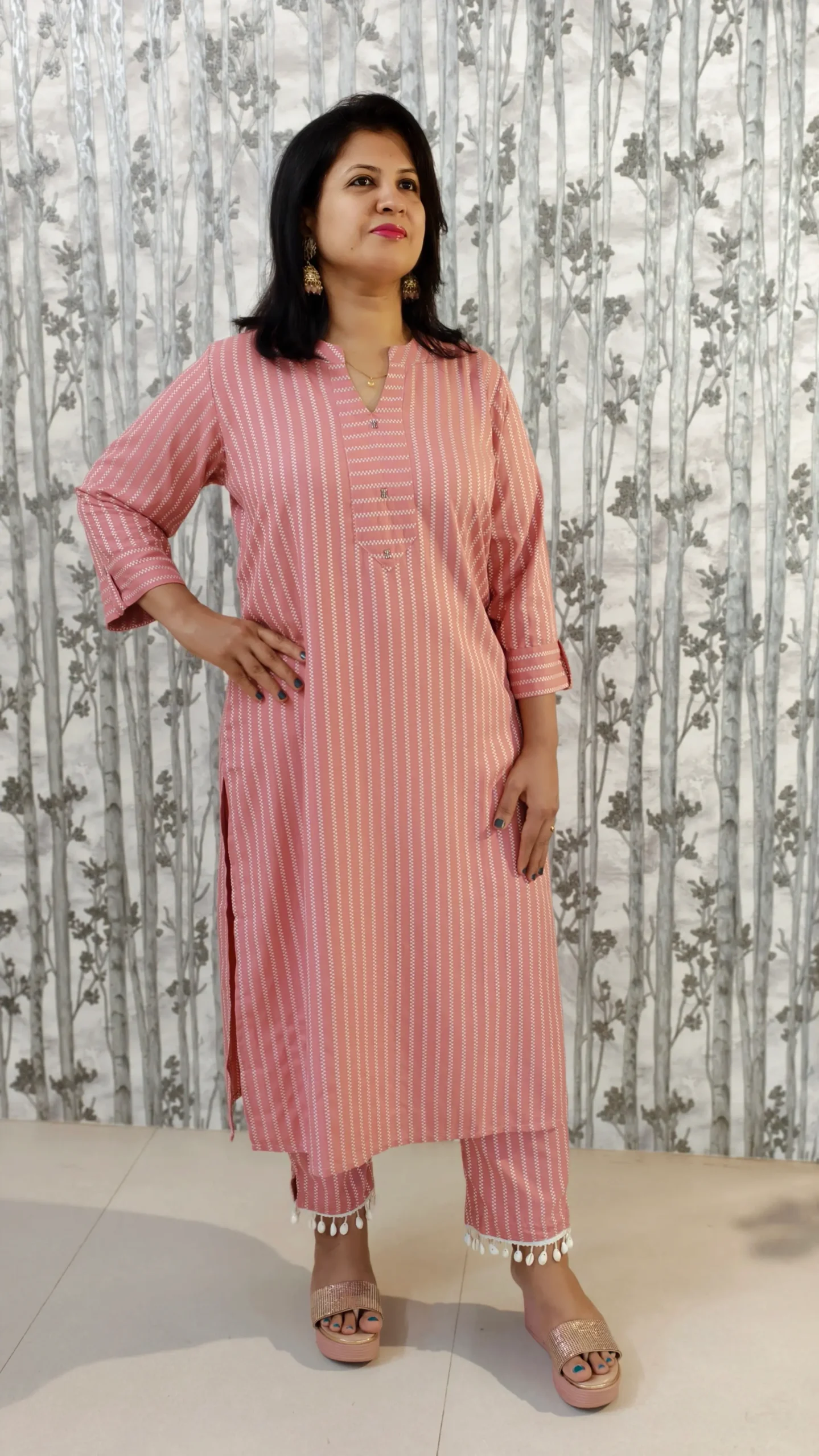 Blush Pink Tip Top Rayon Kurti Pant Set with Kaudi Hem & Metal Accents