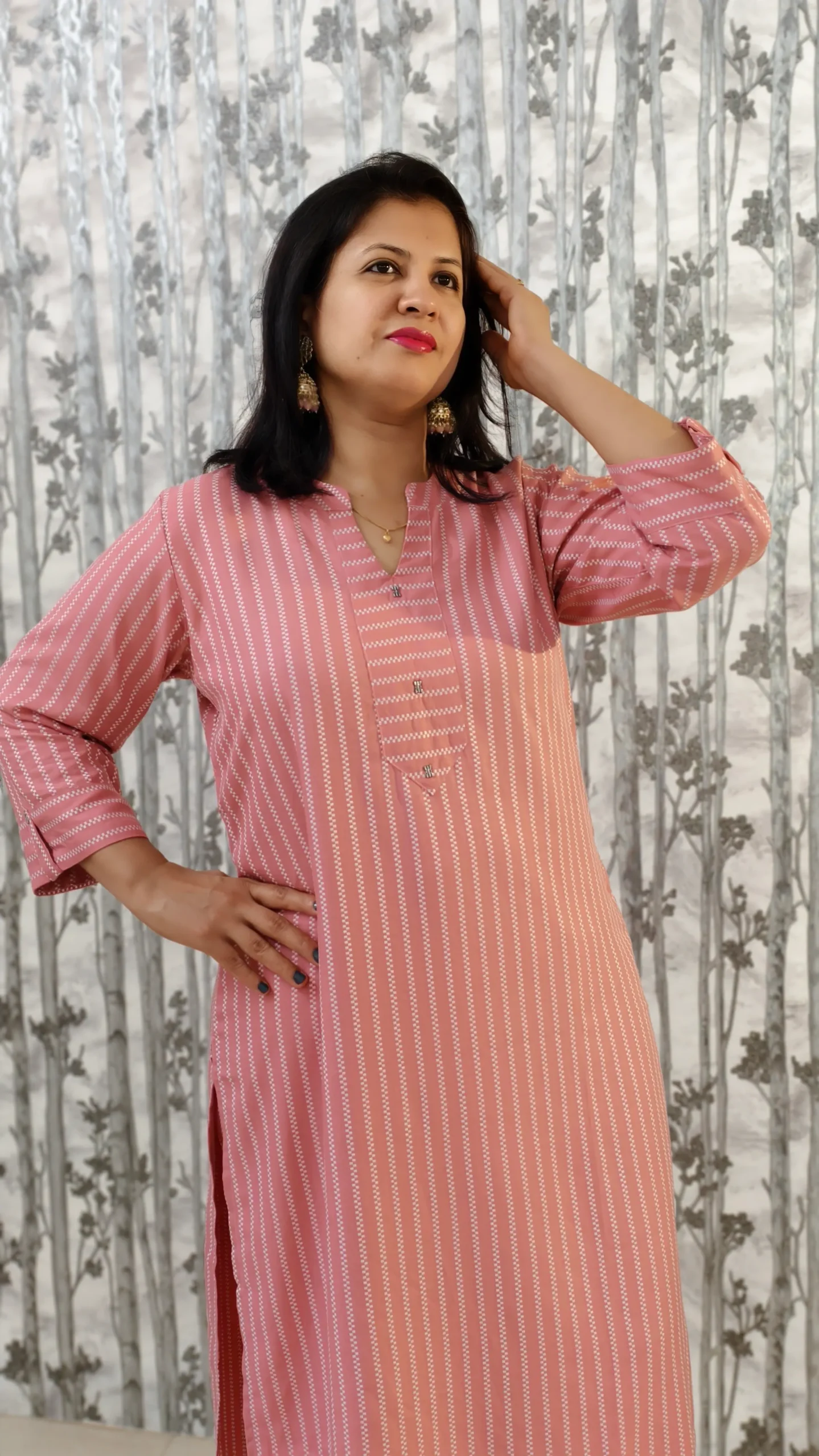 Blush Pink Tip Top Rayon Kurti Pant Set with Kaudi Hem & Metal Accents