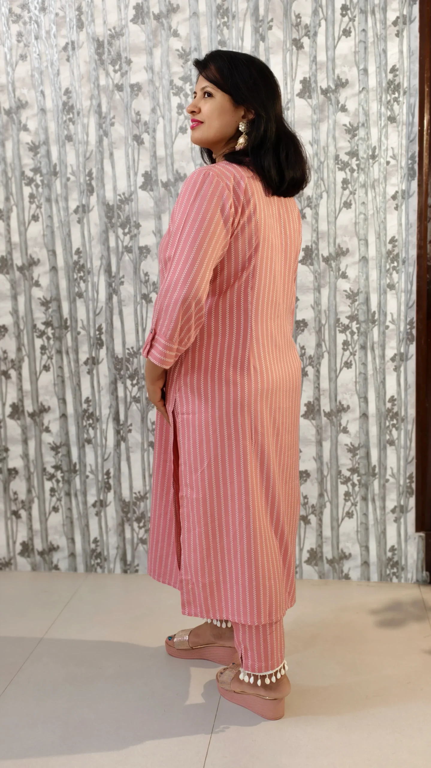 Blush Pink Tip Top Rayon Kurti Pant Set with Kaudi Hem & Metal Accents