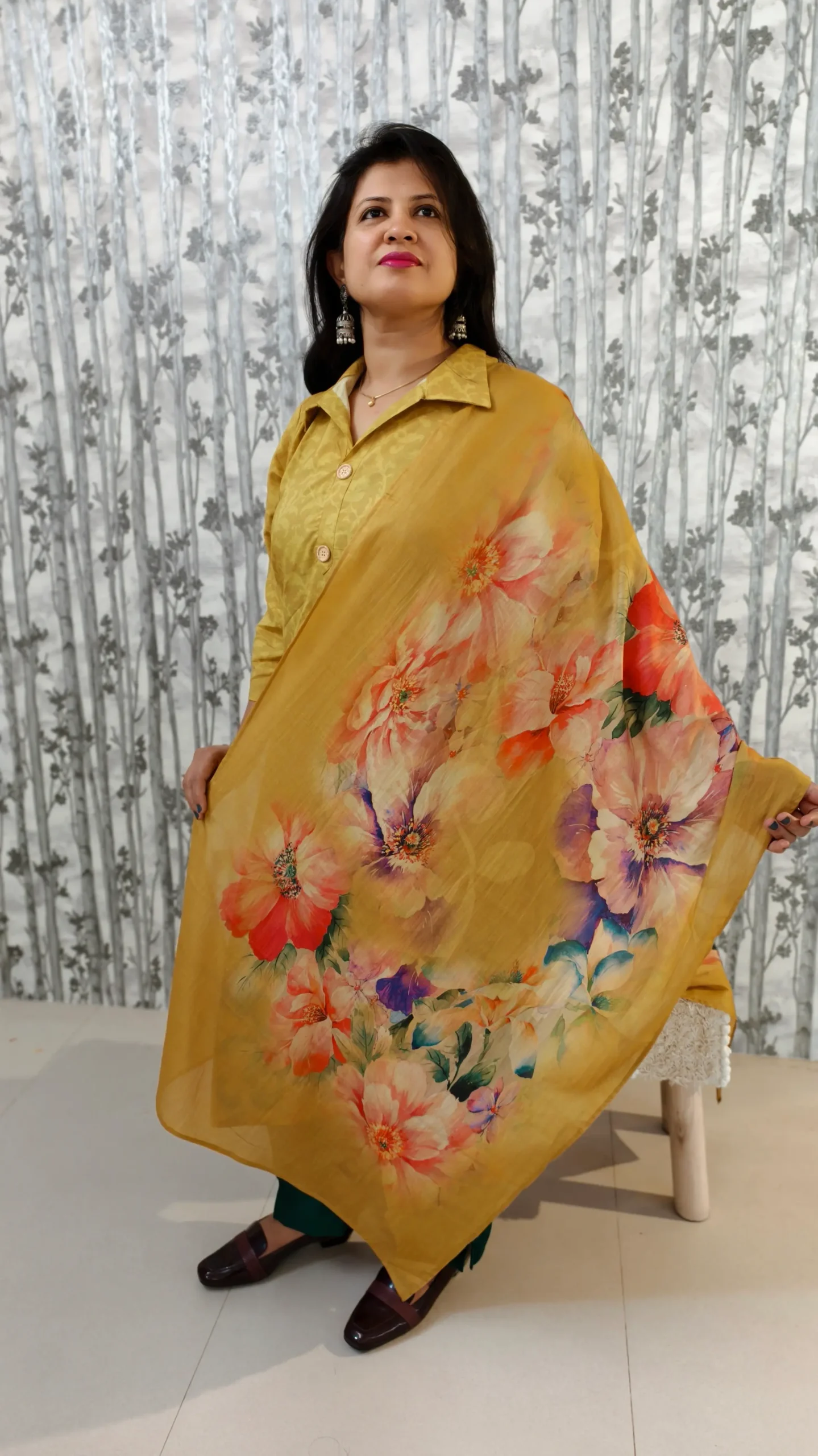 Mustard Muslin Kurti Dupatta Set with Placement Print & Delta Pants – 3 Piece Set