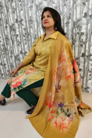 Mustard Muslin Kurti Dupatta Set with Placement Print & Delta Pants – 3 Piece Set