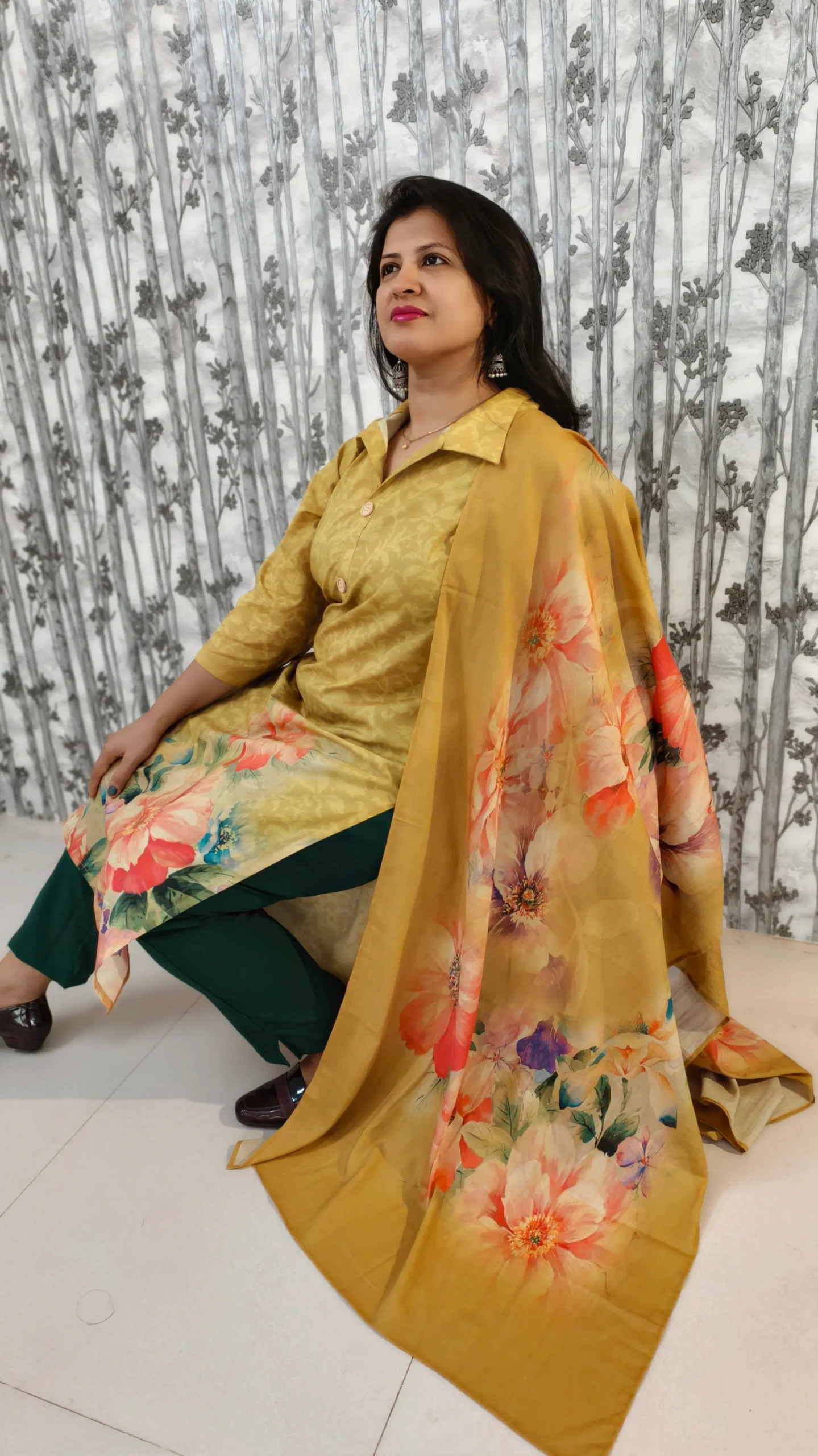 Mustard Muslin Kurti Dupatta Set with Placement Print & Delta Pants – 3 Piece Set