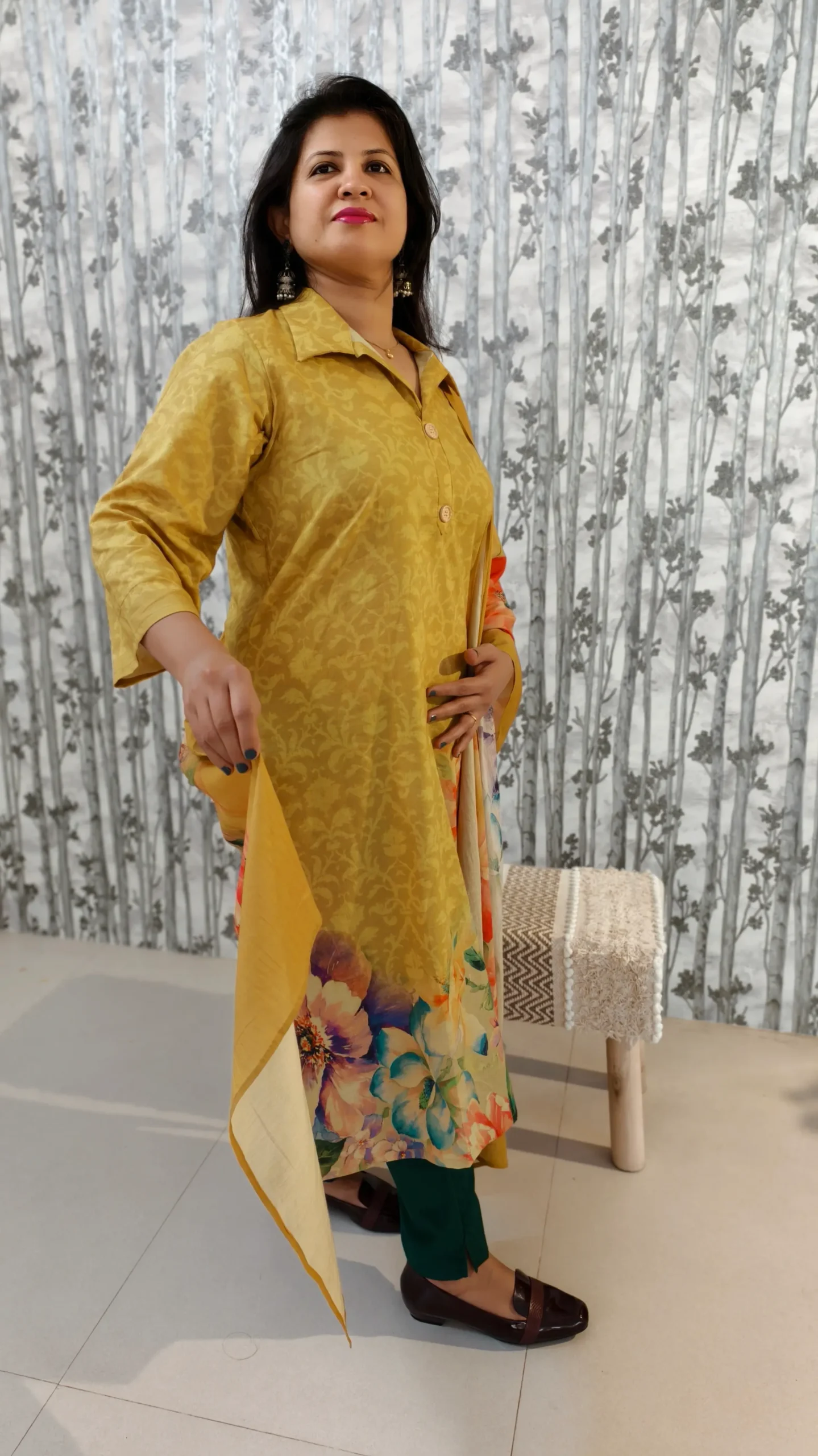 Mustard Muslin Kurti Dupatta Set with Placement Print & Delta Pants – 3 Piece Set