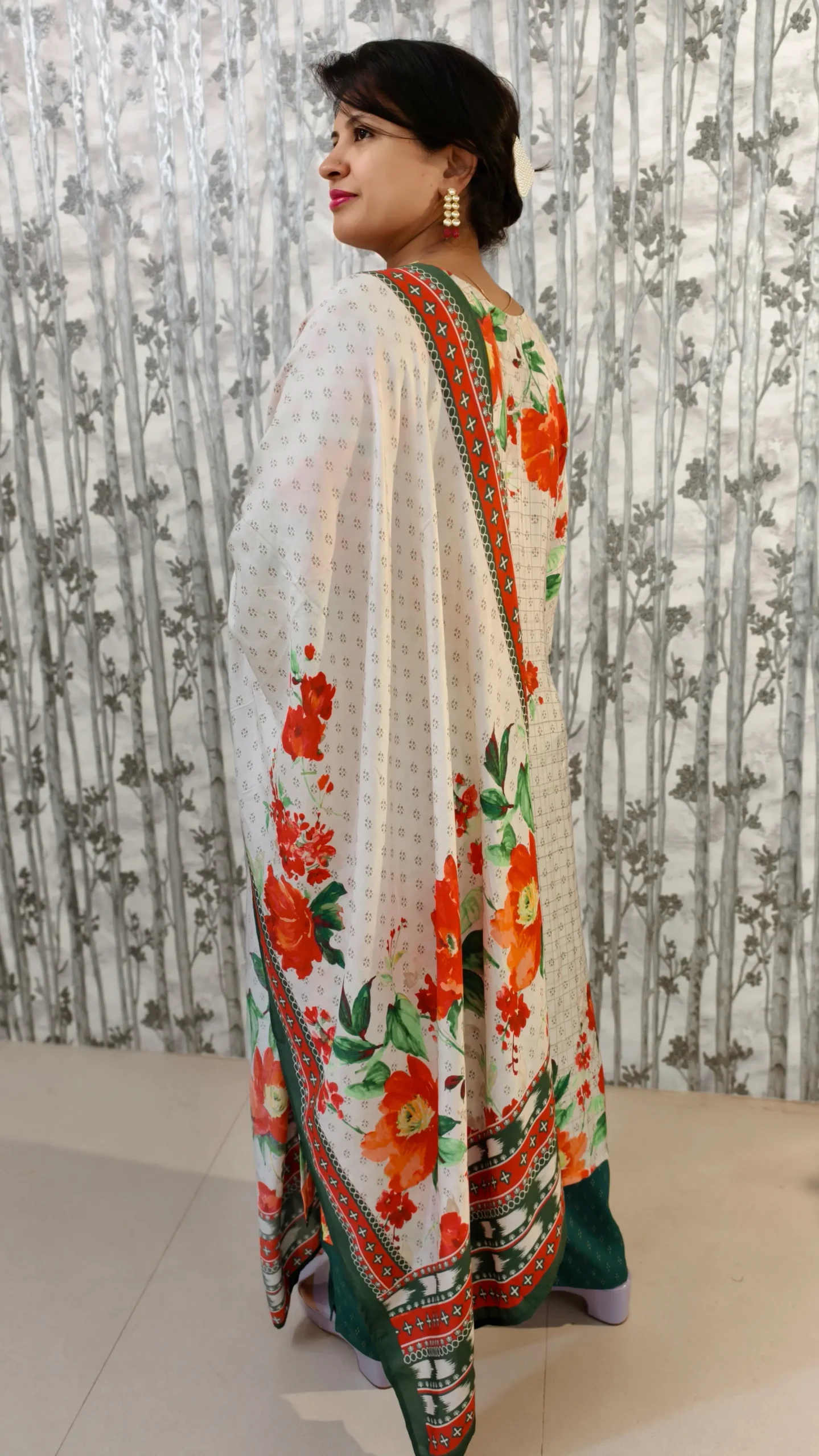 Floral Placement Print Kurta Pant Dupatta Set – Soft Cotton Blend (3-Piece)