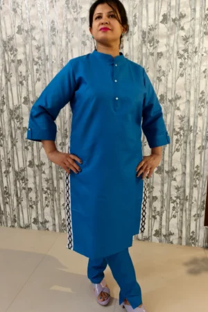 Royal Blue Cotton Kurti Pant Co-ord Set with Lace Detailing