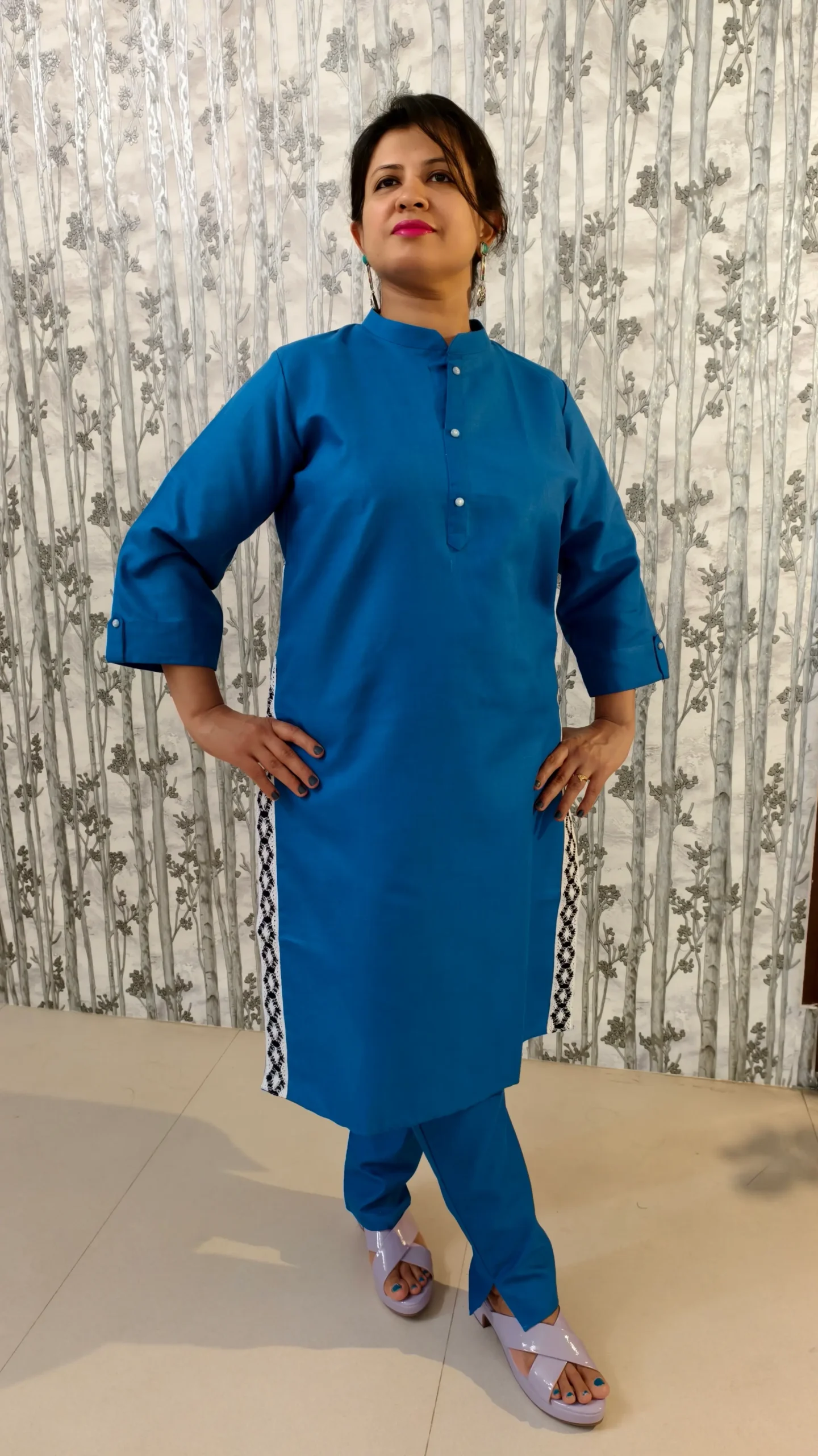 Royal Blue Cotton Kurti Pant Co-ord Set with Lace Detailing
