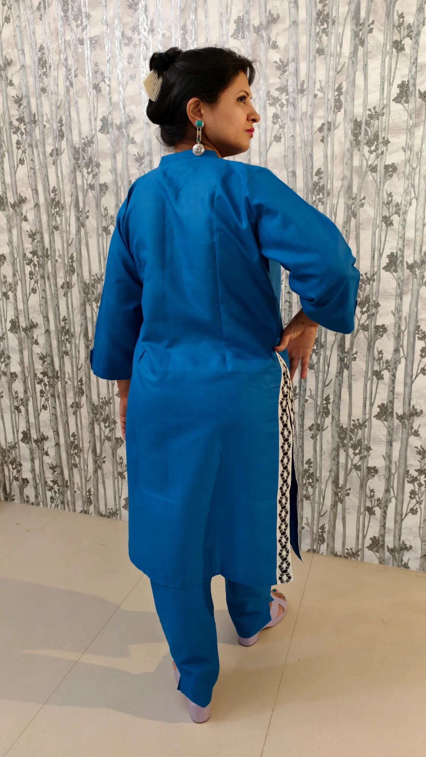 Royal Blue Cotton Kurti Pant Co-ord Set with Lace Detailing