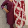 Wine Cotton Kurti Pant Set with Ikat Appliqué & Mul Shibori Dupatta – 3 Piece Set