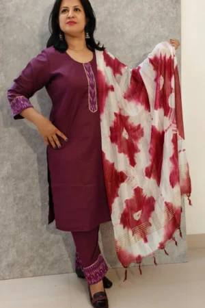 Wine Cotton Kurti Pant Set with Ikat Appliqué & Mul Shibori Dupatta – 3 Piece Set