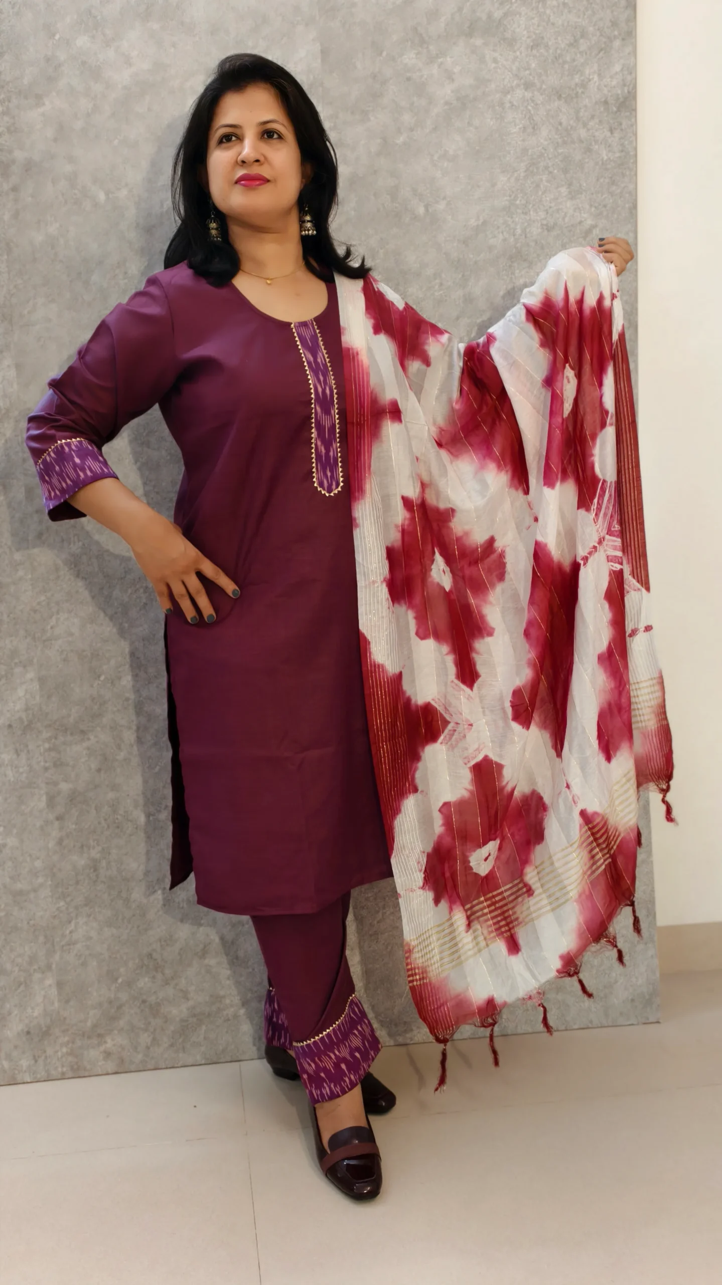Wine Cotton Kurti Pant Set with Ikat Appliqué & Mul Shibori Dupatta – 3 Piece Set
