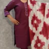 Wine Cotton Kurti Pant Set with Ikat Appliqué & Mul Shibori Dupatta – 3 Piece Set