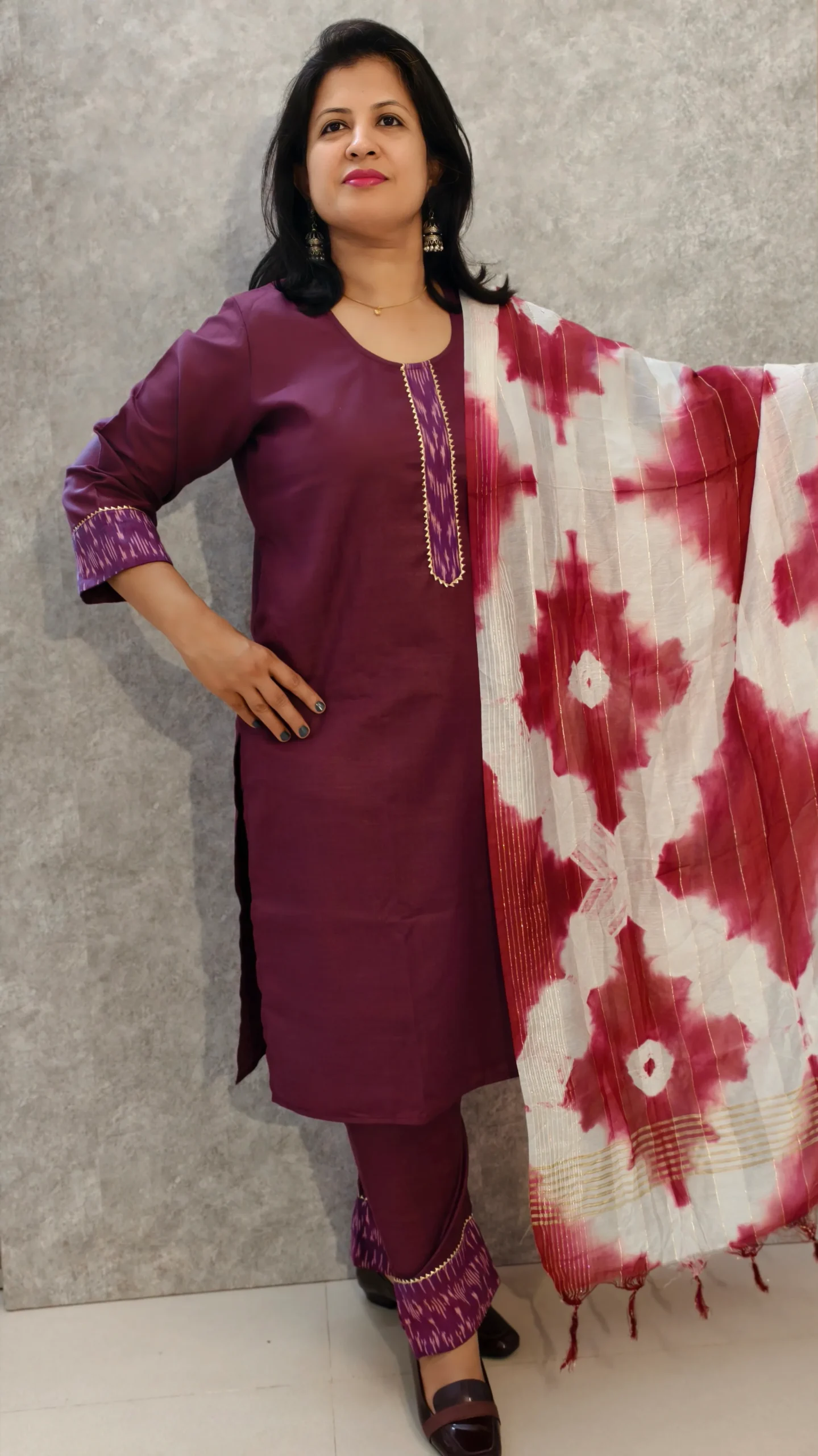 Wine Cotton Kurti Pant Set with Ikat Appliqué & Mul Shibori Dupatta – 3 Piece Set