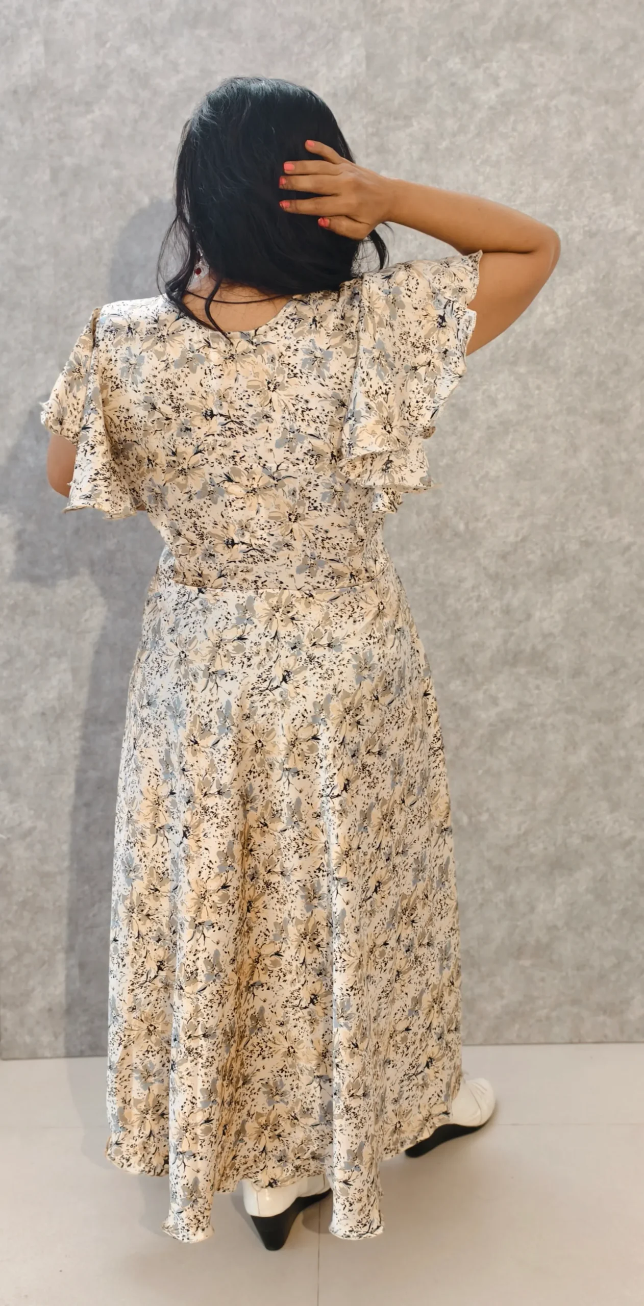 Printed Satin Midi Dress with Umbrella Sleeves