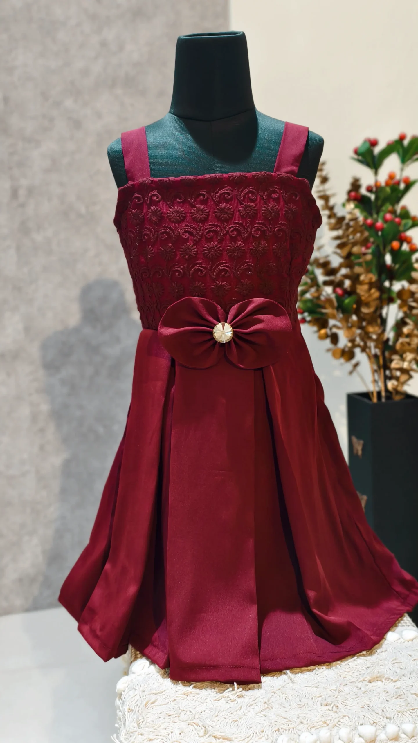 Crepe & Embroidery Net Kids Dress with Bow & Belt