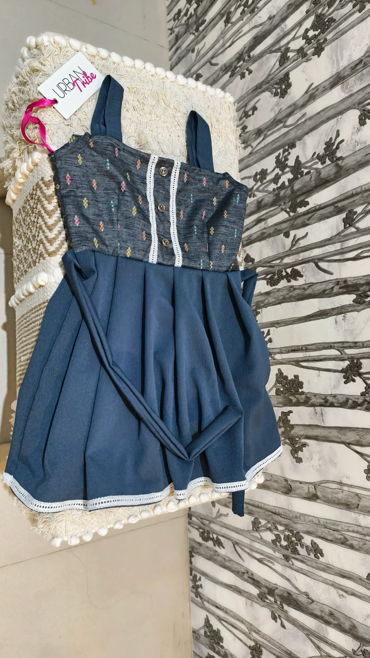 Grey Crepe Cotton Mix Frock with Lace Trims