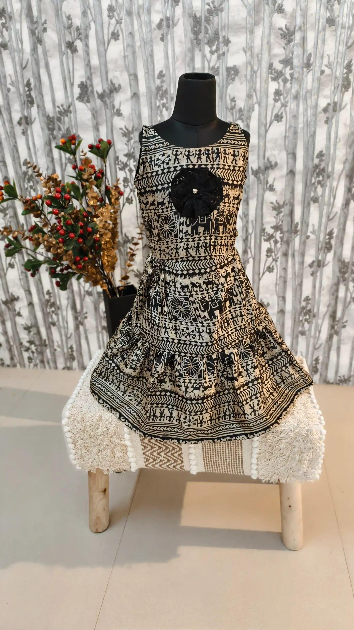 Warli Print Art Silk Frock with Handmade Flower