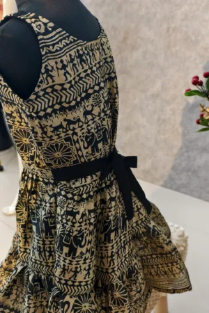 Warli Print Art Silk Frock with Handmade Flower