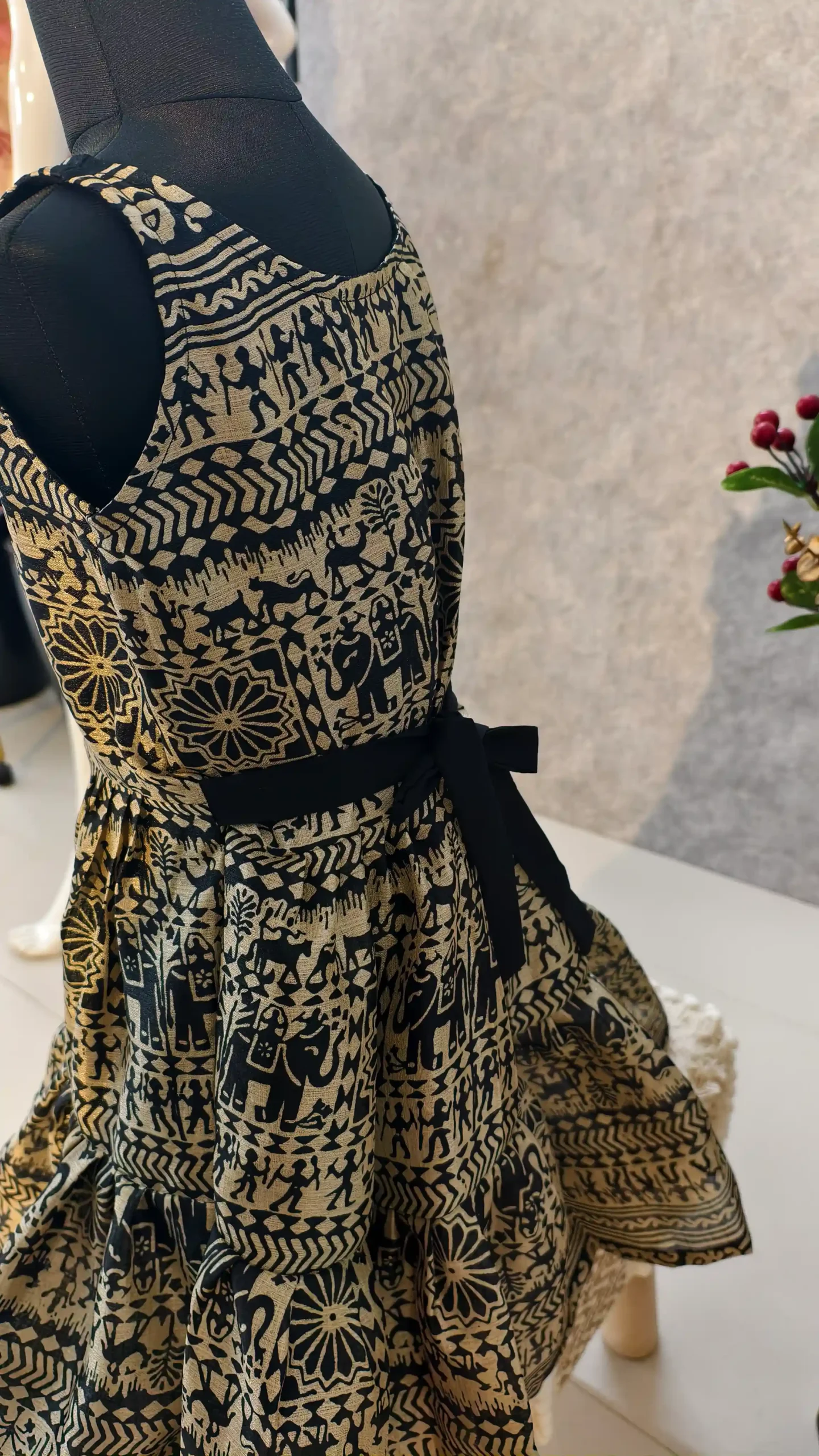 Warli Print Art Silk Frock with Handmade Flower