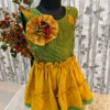 Green & Mustard Cotton Frock with Handmade Flower – For 2–3 Year Old Girls