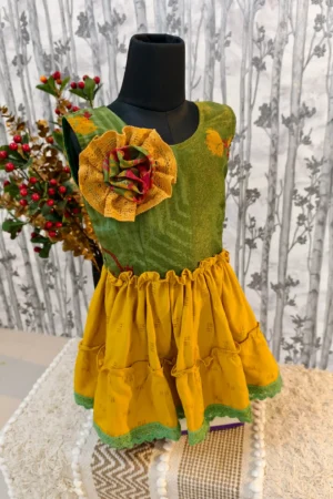 Green & Mustard Cotton Frock with Handmade Flower – For 2–3 Year Old Girls