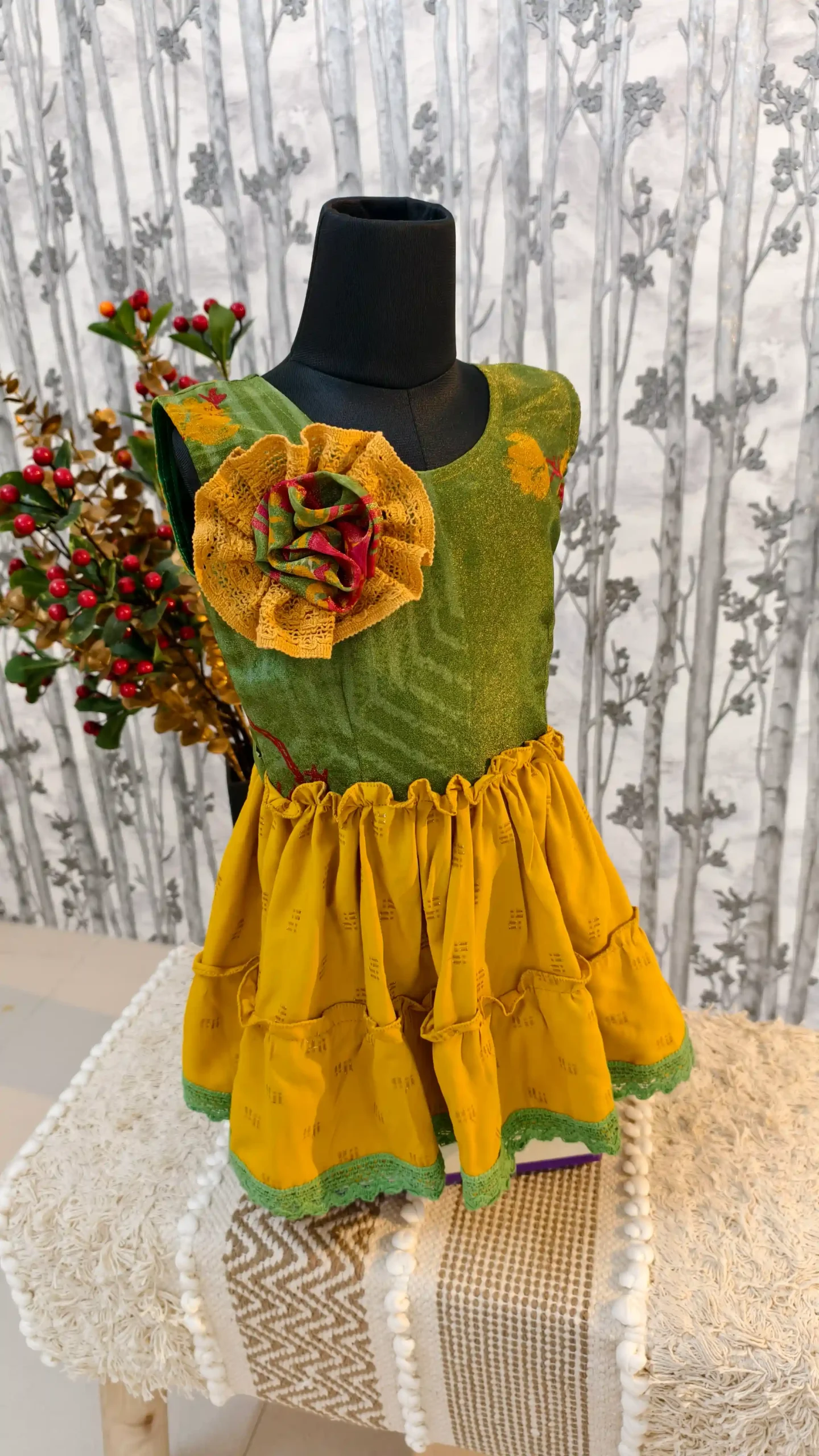 Green & Mustard Cotton Frock with Handmade Flower – For 2–3 Year Old Girls