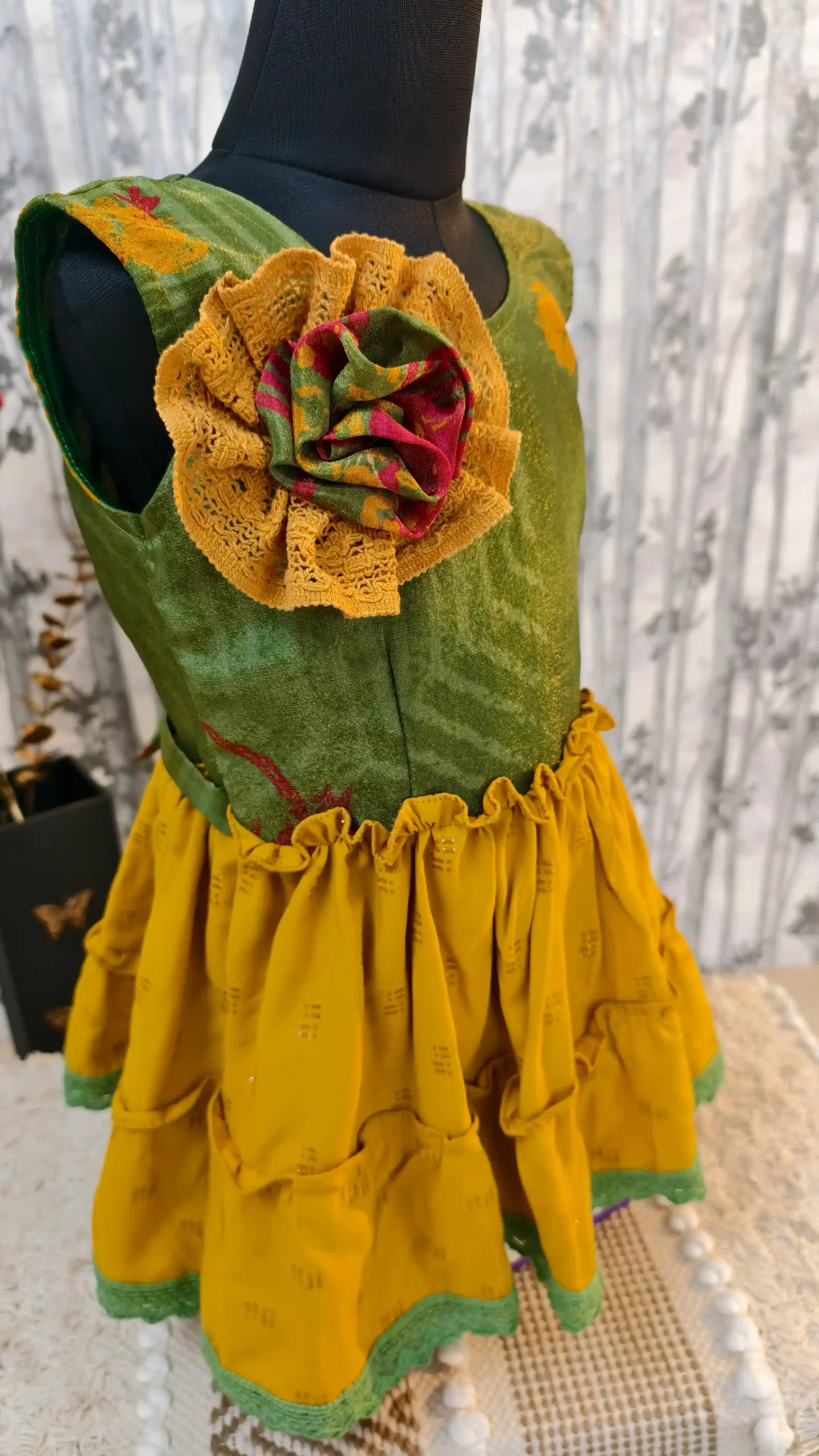Green & Mustard Cotton Frock with Handmade Flower – For 2–3 Year Old Girls