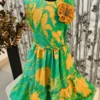 Layered Green Cotton Dress with Floral Print & Handmade Flower