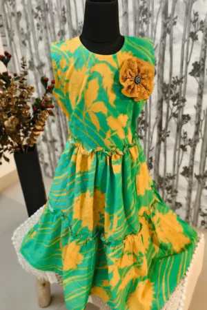 Layered Green Cotton Dress with Floral Print & Handmade Flower
