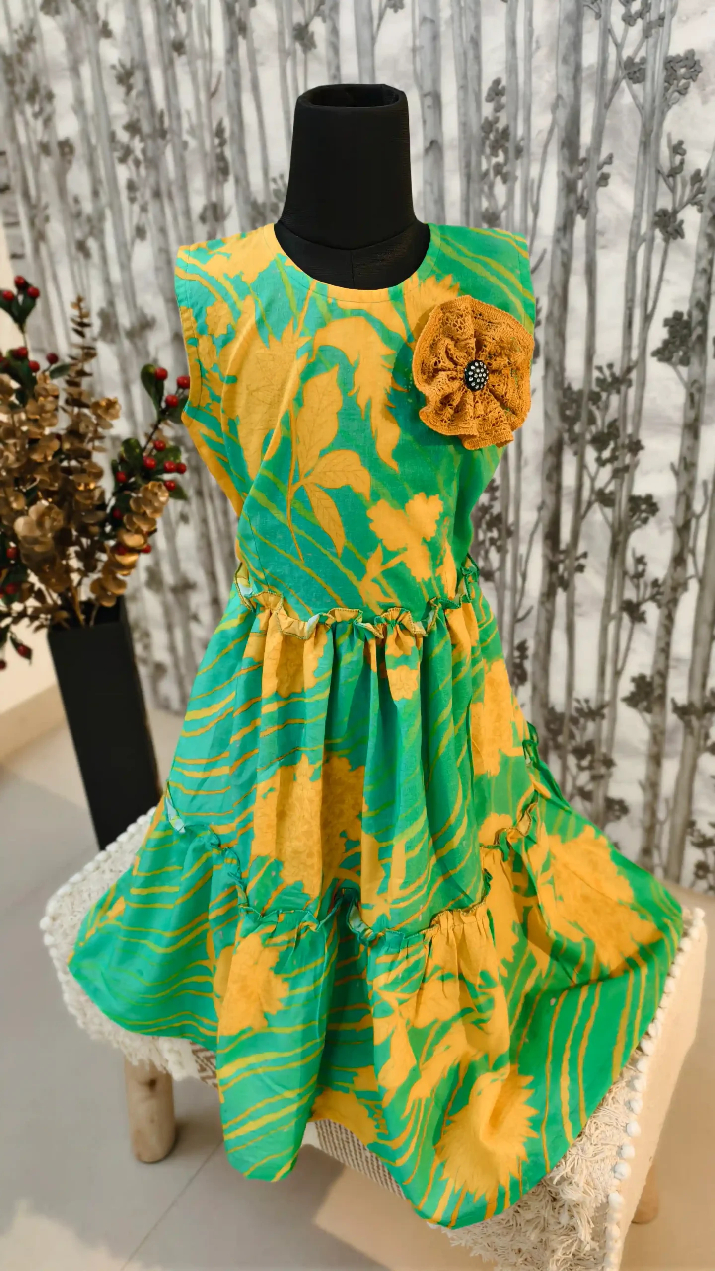 Layered Green Cotton Dress with Floral Print & Handmade Flower