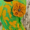 Layered Green Cotton Dress with Floral Print & Handmade Flower