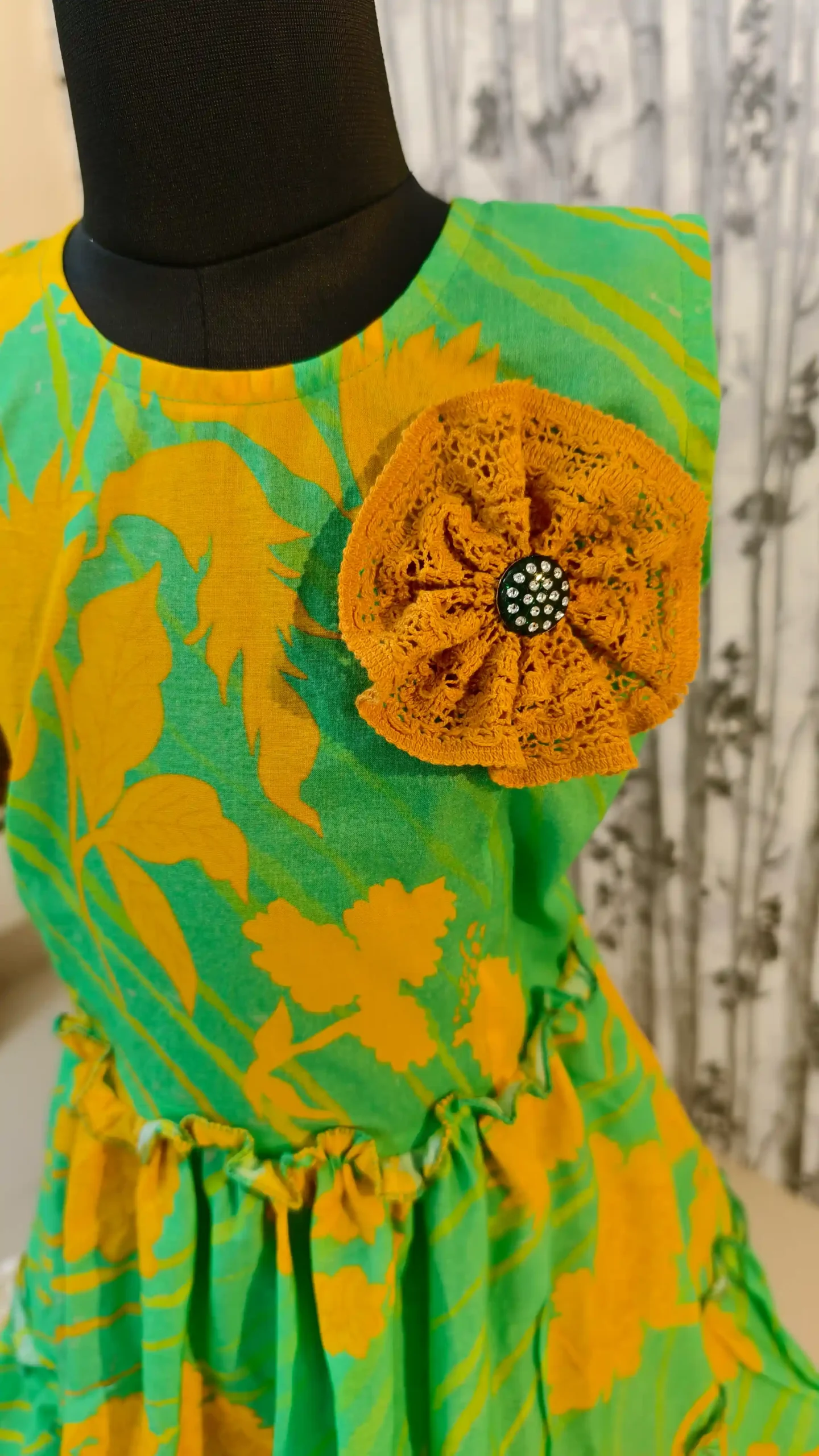 Layered Green Cotton Dress with Floral Print & Handmade Flower