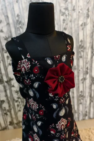 Black Cotton Long Frock with Handmade Flower