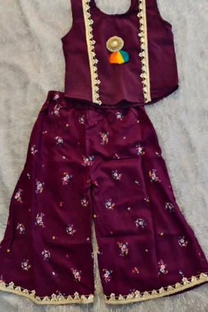 Wine Pure Rayon 2-Piece Set with Golden Lace