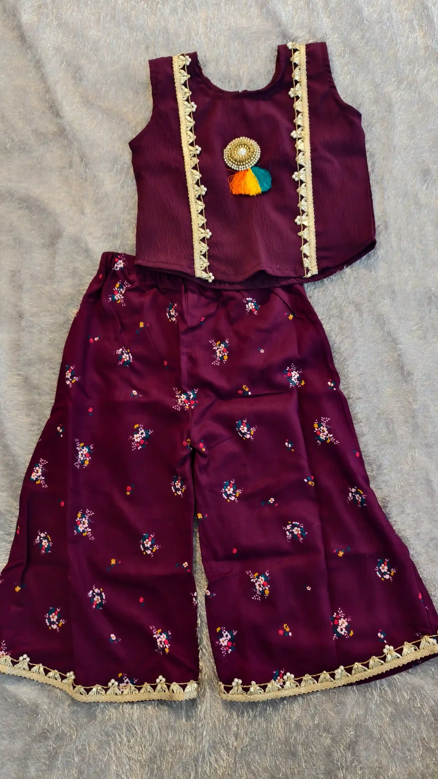 Wine Pure Rayon 2-Piece Set with Golden Lace