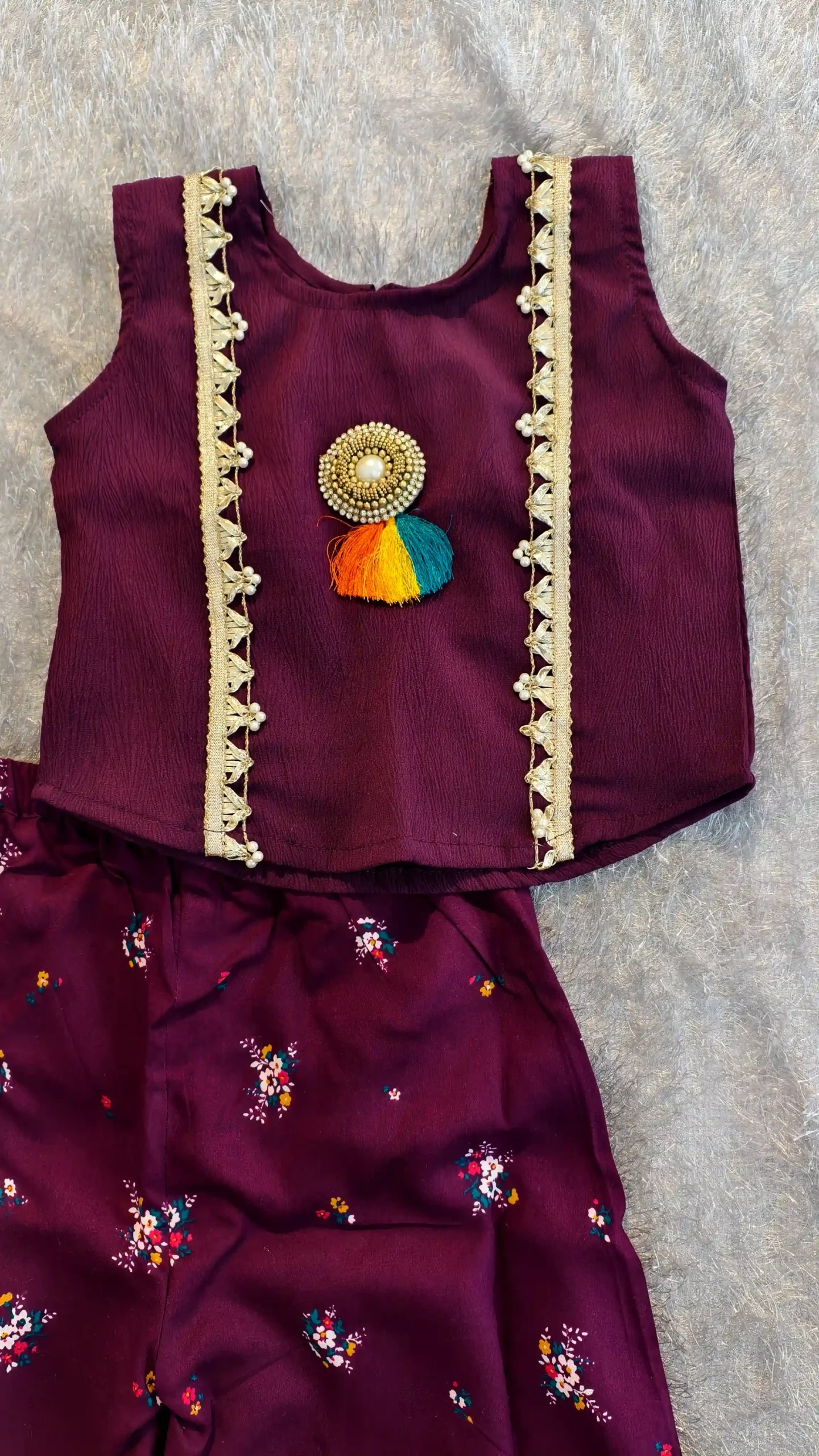 Wine Pure Rayon 2-Piece Set with Golden Lace