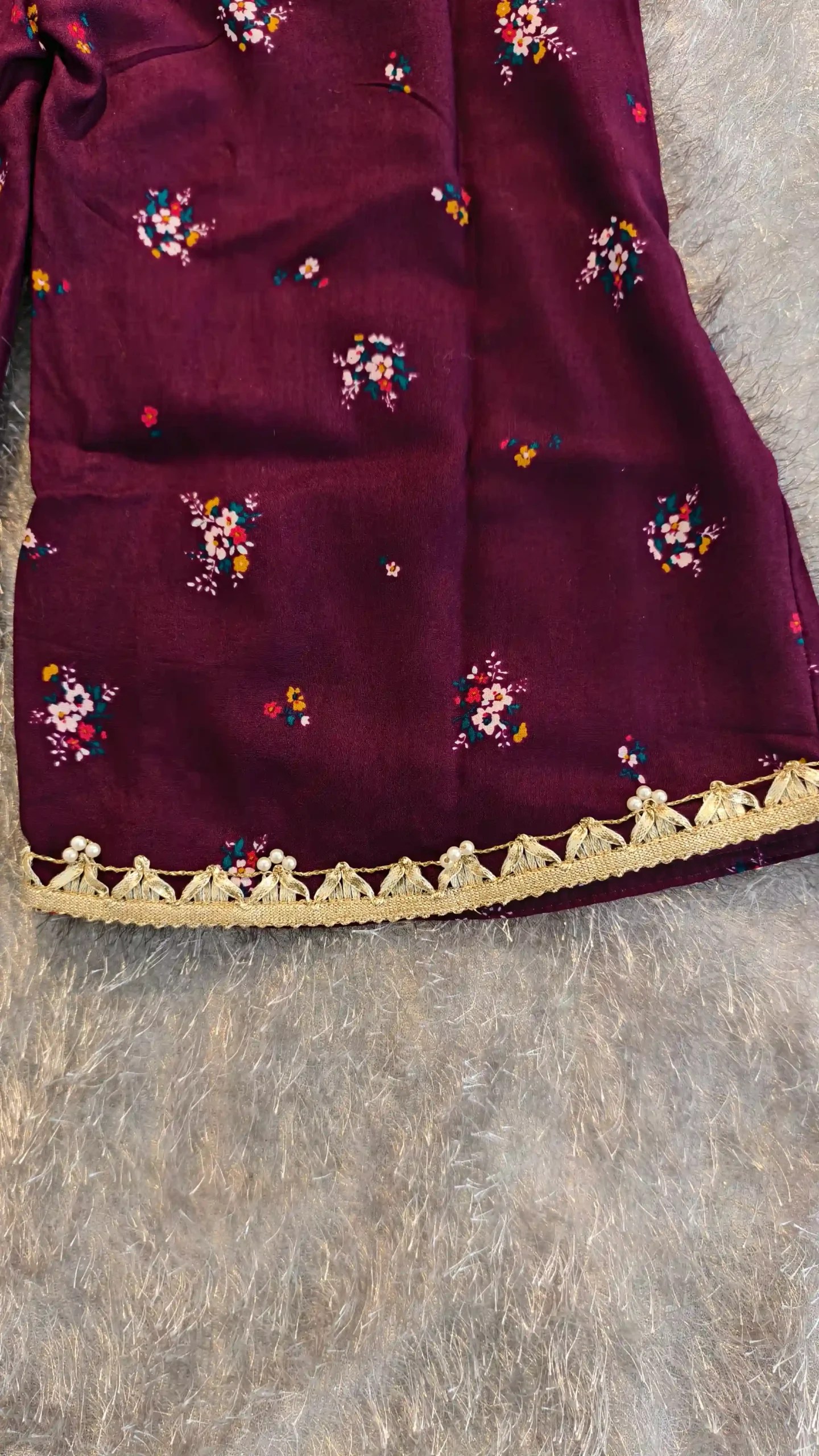 Wine Pure Rayon 2-Piece Set with Golden Lace