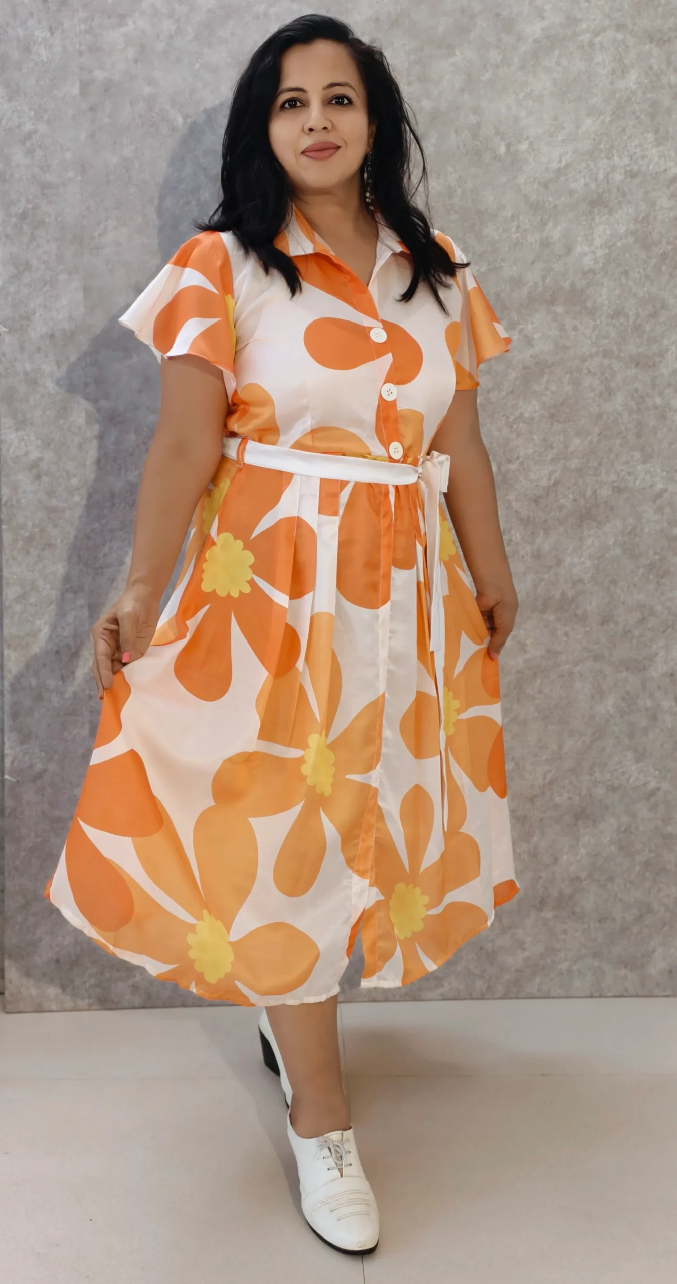 Sunburst Bloom - Crepe Midi Dress with Wing Collar
