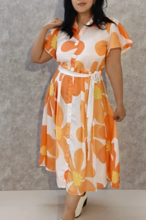 Sunburst Bloom - Crepe Midi Dress with Wing Collar