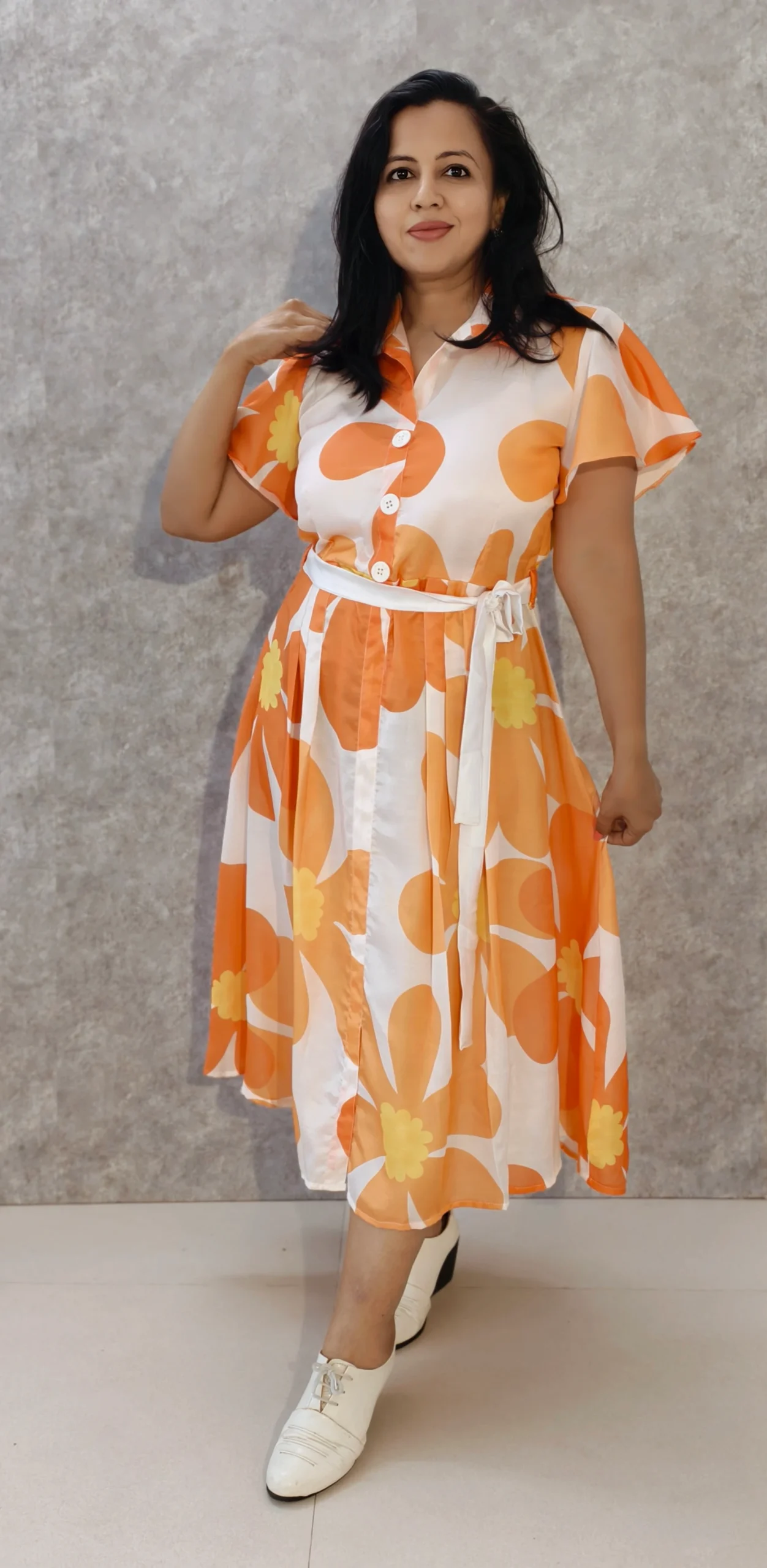 Sunburst Bloom - Crepe Midi Dress with Wing Collar