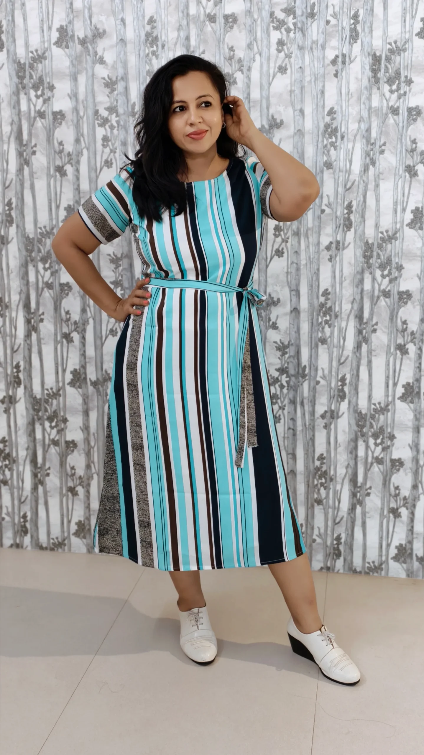 Aqua Stripes - Crepe Midi Dress